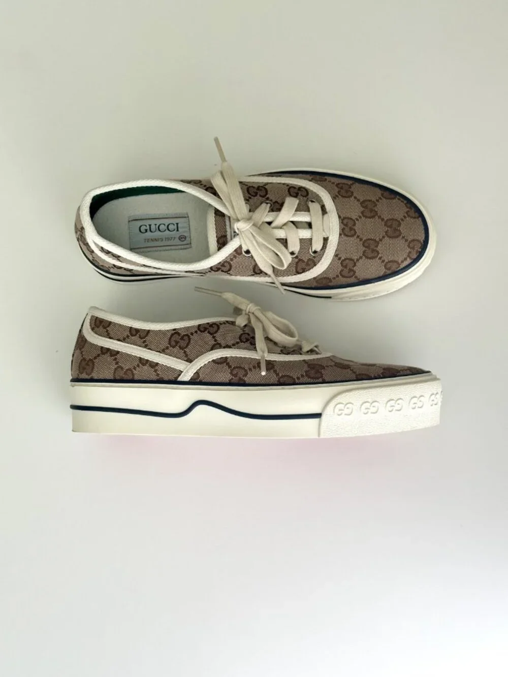 Women's GUCCI GG Logo Brown Canvas Tennis 1977 Platform Sneakers Size 37 - Picture 1 of 12